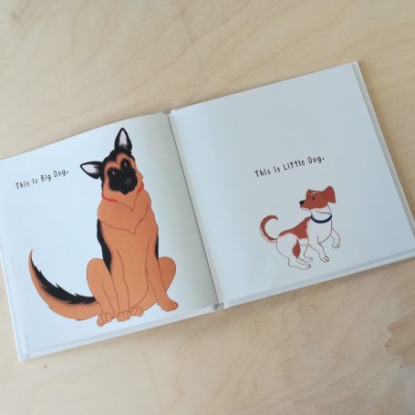 A double page spread from the finished book 'Big Dog, Little Dog', featuring a german shepherd and jack russell terrier.