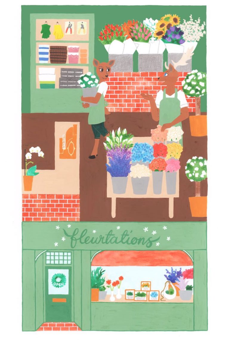 Illustration depicting a florist shop called 'Fluer-tations' (as a play on word for fluer/flower) with deer 'people' running the store.