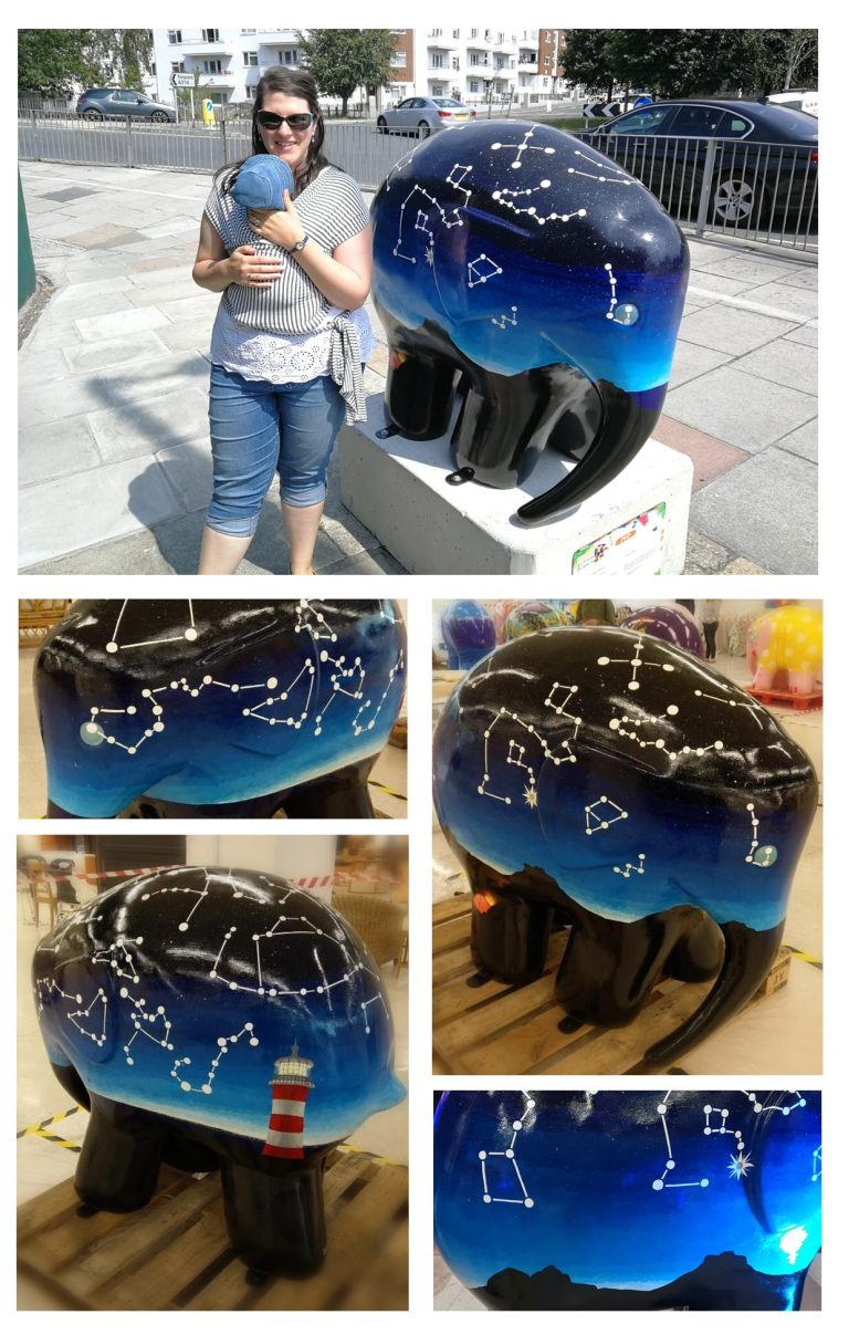 Various shots of the Elmer sculpture showing off the night sky landscape design, featuring constellations that match those seen at the time of the trail. Top image is of illustrator Jose G Kenyon stood proudly besides her sculpture whilst baby wearing her child.