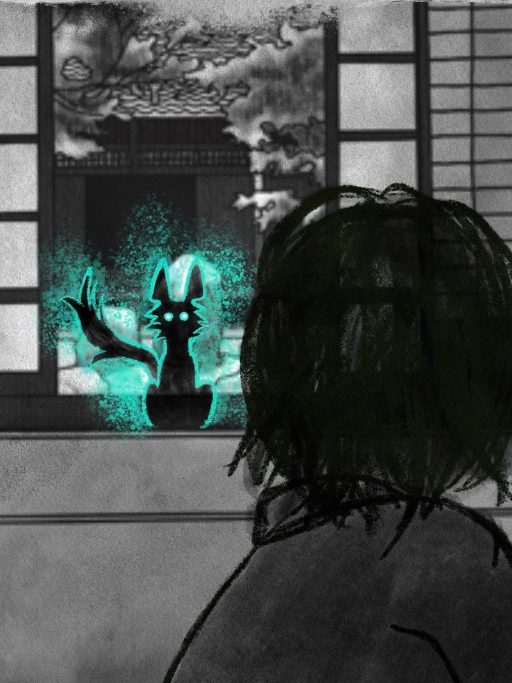 A ghostly demon cat/bakeneko stares at Takeshi from across a room, staring eerily.