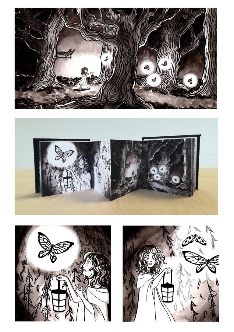 Various page spreads from the original concertina book 'Fairytale Journey'. Images depict a child walking through an enchanted woods following magical butterfly guides.