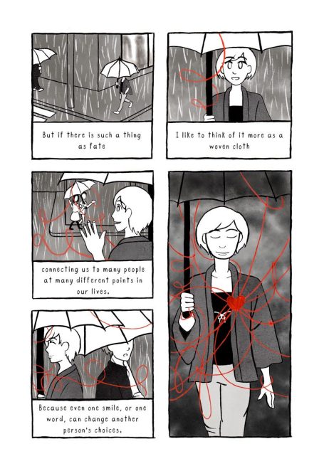 Page from sequential narrative 'Threads of fate', depicting a person linked to various people by an invisible 'red' string.