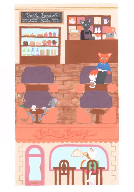 Illustration of a cat cafe called 'Feline Fancies'. A cat barista overlooks her patronage including a fox, a mouse and degu, all enjoying hot beverages.