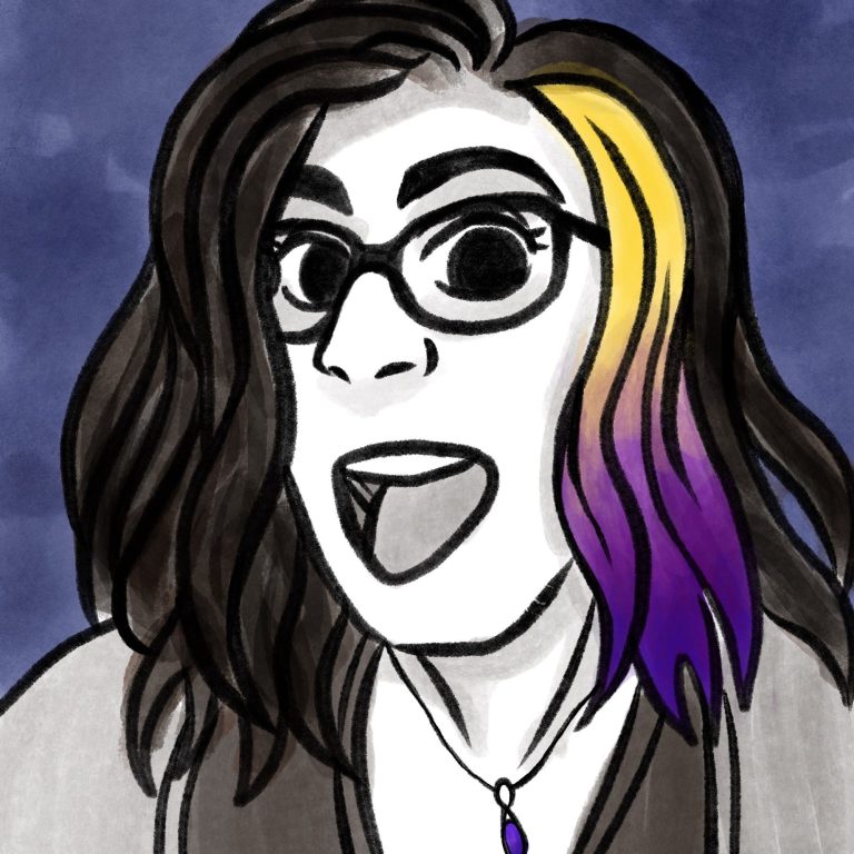 A monochrome self portrait of illustrator Jose G Kenyon, with a purple background. A strip of yellow and purple hair pops out amongst the grey shades as Jose pulls an excited expression. The glasses hide the bags under her eyes.