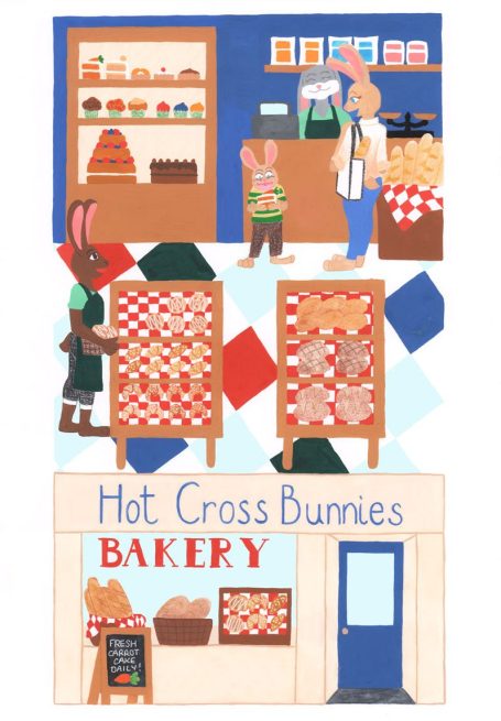 A rabbit themed bakery illustration. The shop is called 'Hot Cross Bunnies'. Both shop workers and customers are rabbit people.