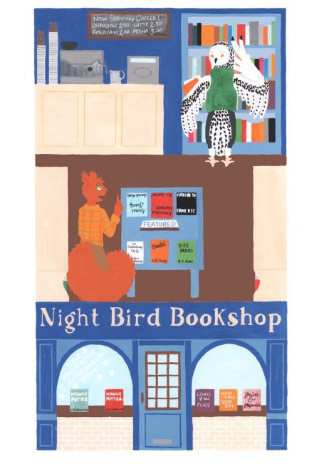 An illustration of a book store called 'Night Bird Bookshop'. A squirrel customer asks the owner, a snowy owl, a question about a book.