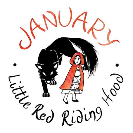 The lone illustration for January, featuring the fairy tale 'Little Red Riding Hood'. A big black wolf circles a young child in a red hooded cape.