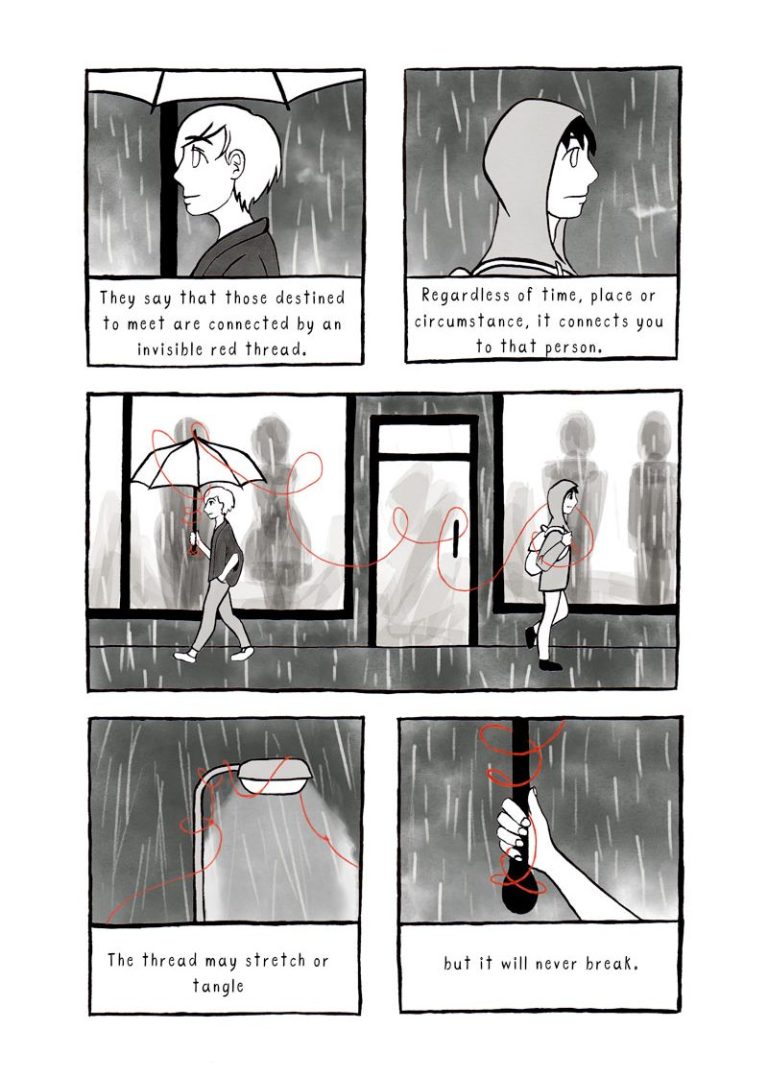 Page from sequential narrative 'Threads of fate', depicting a person linked to various people by an invisible 'red' string.