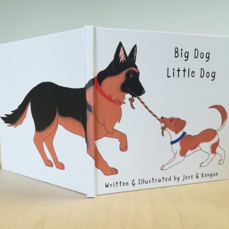 Front cover for 'Big Dog, Little Dog' book, featuring a german shepherd and jack russell terrier playing tug o' war with a rope dog toy.