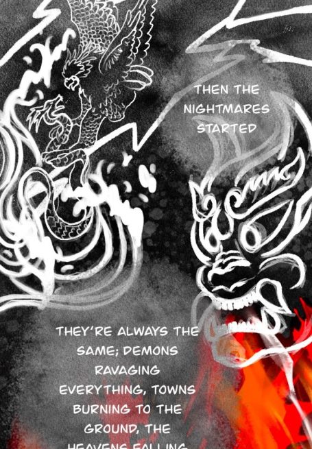 Panel from webcomic depicting demons and fire.