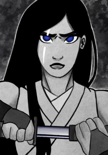 Webcomic panel of Aya, drawing her sword with a fierce look of determination on her face.